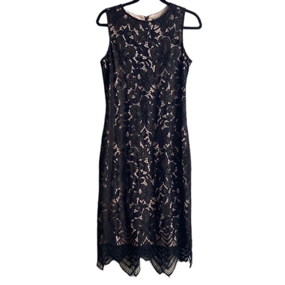 Sharagano Scallop Hem Lace Cocktail Midi Dress in Black Nude size 6 - Picture 1 of 8